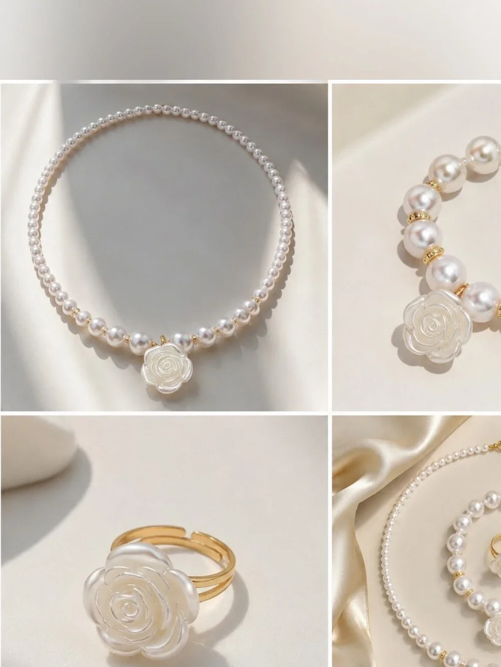 Pearl Rose Pendant Necklace & Bracelet Set with Ring - White Pearlescent